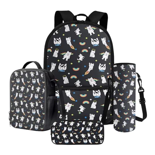 Nittanovaca Schulranzen-Set für Kinder, leichter Rucksack und Lunchtasche, Studentenrucksack für Reisen, Schwarz-Katzen-Regenbogen, Schulranzen-Set von Nittanovaca