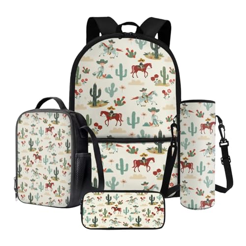 Nittanovaca Schultaschen-Set, Rucksäcke mit Lunchtasche, Federmäppchen, Wasserflaschenhülle, 4-teiliges Set, großer Rucksack für Kinder, Beige-Western Cowboy Pferd Kaktus, Schulranzen-Set Nittanovaca Schultaschen-Set, Rucksäcke mit Lunchtasche, Federmäppchen, Wasserflaschenhülle, 4-teiliges Set, großer Rucksack für Kinder, Beige-Western Cowboy Pferd Kaktus, Schulranzen-Set von Nittanovaca