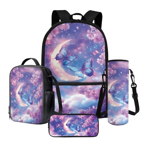 Nittanovaca Schultaschen-Set, Rucksäcke mit Lunchtasche, Federmäppchen, Wasserflaschenhülle, 4-teiliges Set, großer Rucksack für Kinder, Lila und blaue Schmetterlingsmond-Kirschblüten, Schulranzen-Set von Nittanovaca