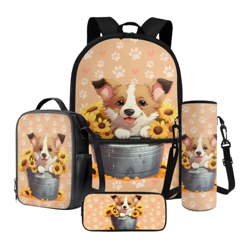 Nittanovaca Schultaschen-Set, Rucksäcke mit Lunchtasche, Federmäppchen, Wasserflaschenhülle, 4-teiliges Set, großer Rucksack für Kinder, Orange-Corgi-Sonnenblume, Schulranzen-Set Nittanovaca Schultaschen-Set, Rucksäcke mit Lunchtasche, Federmäppchen, Wasserflaschenhülle, 4-teiliges Set, großer Rucksack für Kinder, Orange-Corgi-Sonnenblume, Schulranzen-Set von Nittanovaca