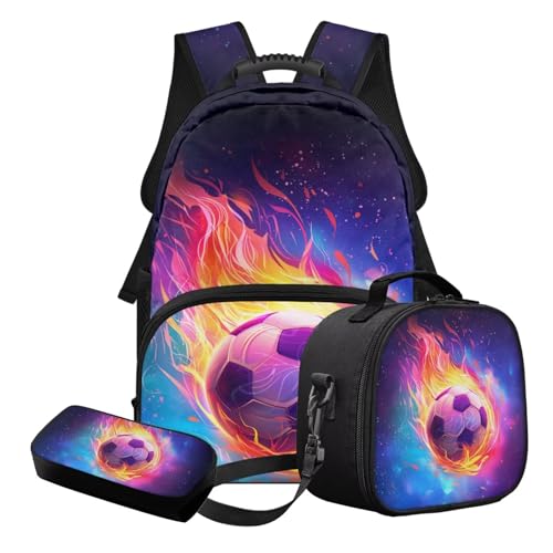 Nittanovaca Schultaschen-Set für Jungen, Rucksäcke mit Lunchtasche, Federmäppchen, 3-teiliges Set, Studentenrucksack, lässige Büchertasche, Blaues und rotes Fußball-Wasserfeuer, Schulranzen-Set von Nittanovaca