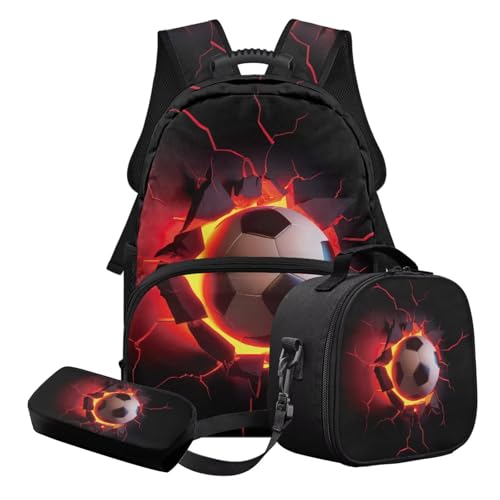 Nittanovaca Schultaschen-Set für Jungen, Rucksäcke mit Lunchtasche, Federmäppchen, 3-teiliges Set, Studentenrucksack, lässige Büchertasche, Mehrfarbiger Fußball, Schulranzen-Set von Nittanovaca