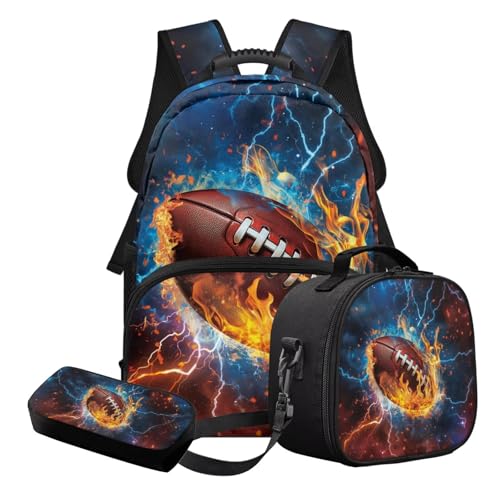 Nittanovaca Schultaschen-Set für Jungen, Rucksäcke mit Lunchtasche, Federmäppchen, 3-teiliges Set, Studentenrucksack, lässige Büchertasche, Mehrfarbiges Rugby-Wasserfeuer-Blitz, Schulranzen-Set von Nittanovaca