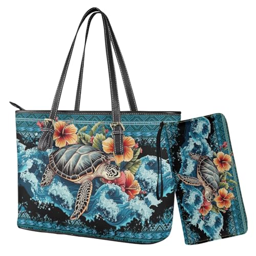 Nittanovaca Tragetasche für Damen, 2-teiliges Handtaschen-Set mit passenden Geldbörsen, Leder-Umhängetaschen, Reißverschluss-Handtaschen-Set, Blue-sea Turtle Hibiscus Aztec von Nittanovaca