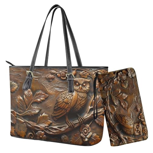 Nittanovaca Tragetasche für Damen, 2-teiliges Handtaschen-Set mit passenden Geldbörsen, Leder-Umhängetaschen, Reißverschluss-Handtaschen-Set, Braun-Eule Blume von Nittanovaca