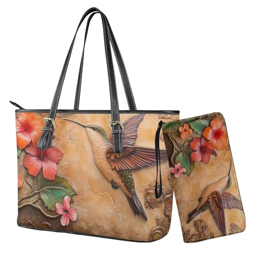 Nittanovaca Tragetasche für Damen, 2-teiliges Handtaschen-Set mit passenden Geldbörsen, Leder-Umhängetaschen, Reißverschluss-Handtaschen-Set, Brauner Kolibri-Hibiskus von Nittanovaca