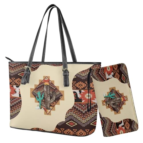Nittanovaca Tragetasche für Damen, 2-teiliges Handtaschen-Set mit passenden Geldbörsen, Leder-Umhängetaschen, Reißverschluss-Handtaschen-Set, Mehrfarbig, Kaktus-Aztekenmuster von Nittanovaca