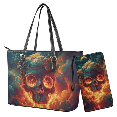 Nittanovaca Tragetasche für Damen, 2-teiliges Handtaschen-Set mit passenden Geldbörsen, Leder-Umhängetaschen, Reißverschluss-Handtaschen-Set, Mehrfarbiger Totenkopf von Nittanovaca