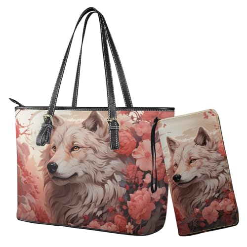 Nittanovaca Tragetasche für Damen, 2-teiliges Handtaschen-Set mit passenden Geldbörsen, Leder-Umhängetaschen, Reißverschluss-Handtaschen-Set, Pink-Wolf-Blume von Nittanovaca