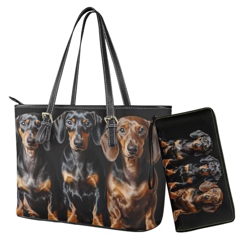 Nittanovaca Tragetasche für Damen, 2-teiliges Handtaschen-Set mit passenden Geldbörsen, Leder-Umhängetaschen, Reißverschluss-Handtaschen-Set, Schwarz-Dackel von Nittanovaca
