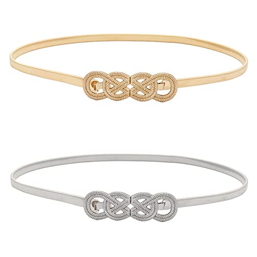 Niuhong 2 Pcs Damen Dünner Gürtel Metall Kettengürtel Kleid Taillen Schmaler Elastische Taillengürtel Dünne Metallschnalle Gürtel Verstellbarer Elastischer Hüftgurt Frauen Gold Silber (B) von Niuhong