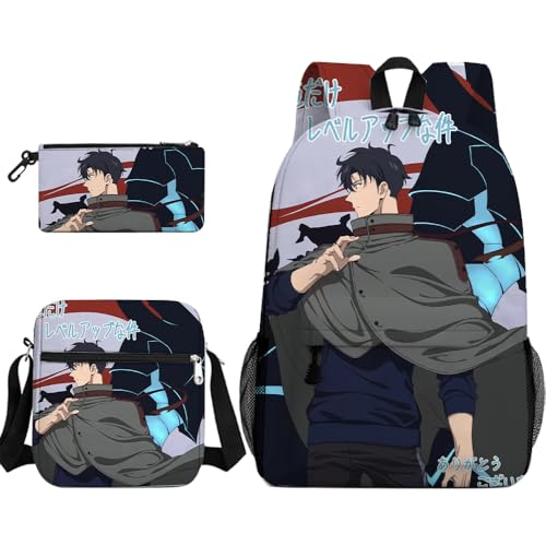 Niukaisi Anime Rucksack Sung Jin Woo/Cha Hae-In Schultasche + Federtasche + Umhängetasche Cartooon 3D Print 3pcs Daypack Backpack Back to School für Jungen und Mädchen Studenten von Niukaisi