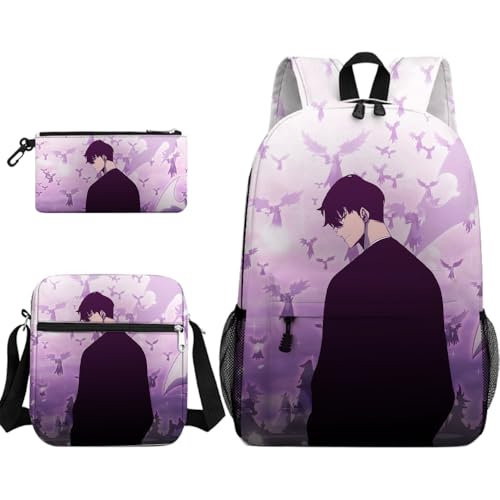 Niukaisi Anime Rucksack Sung Jin Woo/Cha Hae-In Schultasche + Federtasche + Umhängetasche Cartooon 3D Print 3pcs Daypack Backpack Back to School für Jungen und Mädchen Studenten von Niukaisi