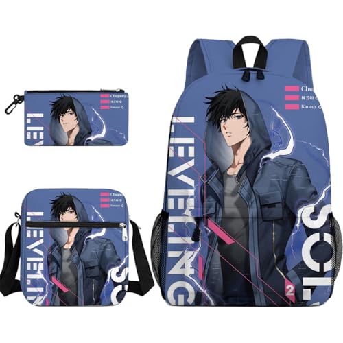 Niukaisi Anime Rucksack Sung Jin Woo/Cha Hae-In Schultasche + Federtasche + Umhängetasche Cartooon 3D Print 3pcs Daypack Backpack Back to School für Jungen und Mädchen Studenten von Niukaisi