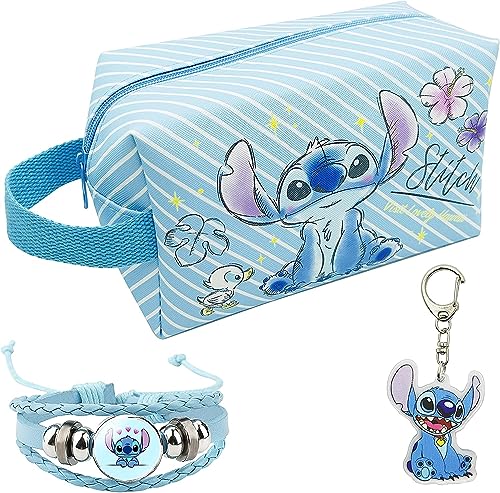 Kosmetiktasche, Stitch Reise-Kosmetiktasche, Cartoon-Kosmetiktasche mit Schlüsselanhänger und Armband, Reisetasche, Hohe Kapazität, Geschenk für Mädchen Blau von Niumowang