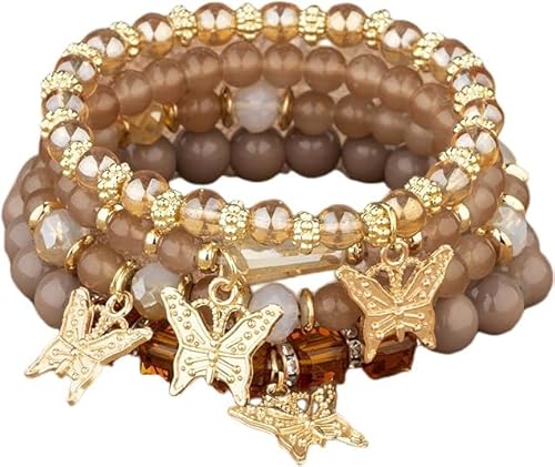 Niumowang 4 Stück Böhmisches Mehrschichtiges Armband Set, Boho Armbänder Damen, Stapelbares Perlenarmband, Armband Für Frauen, Böhmische Stretchperlen, für Frauen und Mädchen (Kaffeefarbe) von Niumowang