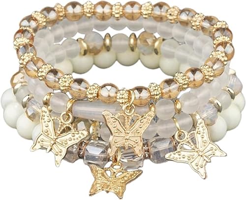 Niumowang 4 Stück Böhmisches Mehrschichtiges Armband Set, Boho Armbänder Damen, Stapelbares Perlenarmband, Armband Für Frauen, Böhmische Stretchperlen, für Frauen und Mädchen (Weiß) von Niumowang