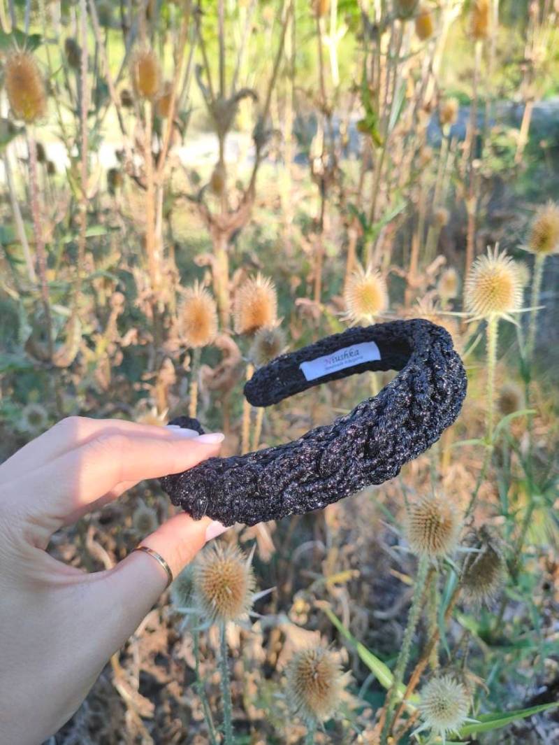 Designer Häkelketten-stirnband in Funkelndem Schwarz von NiushkaByNia
