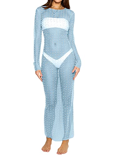 Niusricy Strand-Cover-Up für Frauen, durchsichtiges Mesh-Perlen-Strass-Cover-Up-Kleid, sexy, langärmliges Fischnetz-Badeanzug-Bademode-Kleid (A-Blue, S) von Niusricy