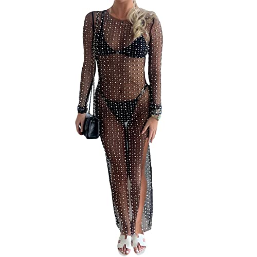 Niusricy Strand-Cover-Up für Frauen, durchsichtiges Mesh-Perlen-Strass-Cover-Up-Kleid, sexy, langärmliges Fischnetz-Badeanzug-Bademode-Kleid (A-Slit-Black, XL) von Niusricy