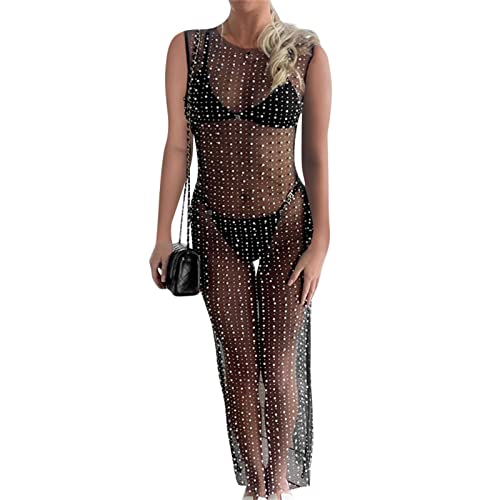 Niusricy Strand-Cover-Up für Frauen, durchsichtiges Mesh-Perlen-Strass-Cover-Up-Kleid, sexy, langärmliges Fischnetz-Badeanzug-Bademode-Kleid (B-Sleeveless-Black, L) von Niusricy