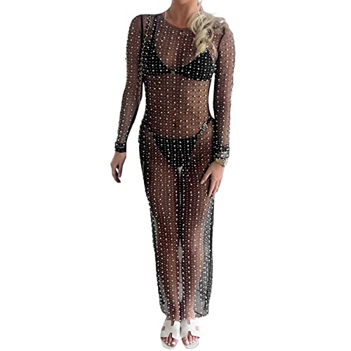 Niusricy Strand-Cover-Up für Frauen, durchsichtiges Mesh-Perlen-Strass-Cover-Up-Kleid, sexy, langärmliges Fischnetz-Badeanzug-Bademode-Kleid (Black, L) von Niusricy