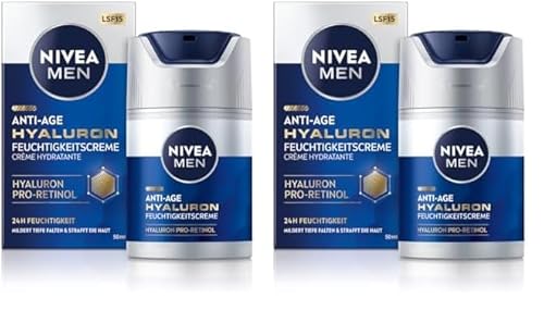 NIVEA MEN Anti-Age Hyaluron Feuchtigkeitscreme, Gesichtspflege mit Hyaluron, Pro-Retinol und LSF 15, Gesichtscreme für 24h Feuchtigkeit und sichtbare Faltenmilderung (50 ml) (Packung mit 2) von NIVEA MEN