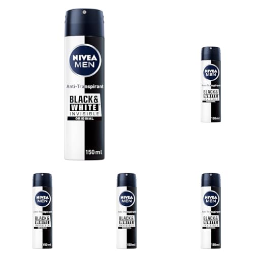 NIVEA MEN Black & White Invisible Deo Spray (150 ml), Anti-Transpirant mit Anti-Flecken-Formel, mit 48h Schutz und Pflegekomplex (Packung mit 5) von Nivea Men