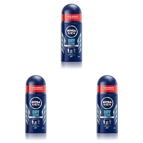 NIVEA MEN Dry Active Deo Roll-On (50 ml), effektives Anti-Transpirant für ein trockenes Hautgefühl, Deodorant mit 72h Schutz und Dual-Active-Formel (Packung mit 3) von Nivea Men