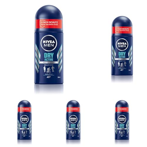 NIVEA MEN Dry Active Deo Roll-On (50 ml), effektives Anti-Transpirant für ein trockenes Hautgefühl, Deodorant mit 72h Schutz und Dual-Active-Formel (Packung mit 5) von Nivea Men