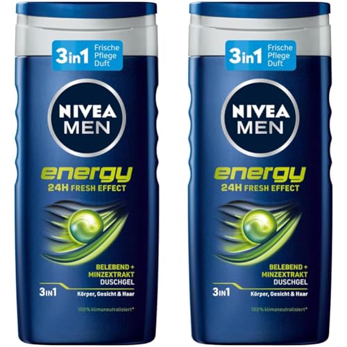 NIVEA MEN Energy Duschgel (250 ml), pH-hautfreundliche Pflegedusche mit vitalisierendem Duft und 24h Frische Effekt, Cremedusche mit Minzextrakt für Körper, Gesicht und Haar (Packung mit 2) von Nivea Men