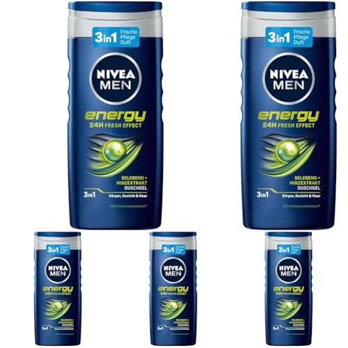 NIVEA MEN Energy Duschgel (250 ml), pH-hautfreundliche Pflegedusche mit vitalisierendem Duft und 24h Frische Effekt, Cremedusche mit Minzextrakt für Körper, Gesicht und Haar (Packung mit 5) von Nivea Men