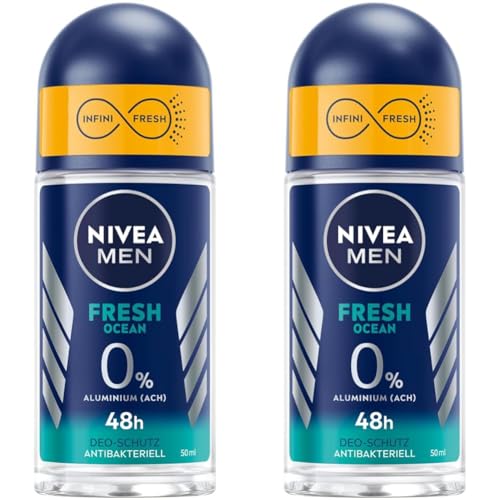 NIVEA MEN Fresh Ocean Deo Roll-On (50 ml), Deo ohne Aluminium (ACH) mit 48h Schutz, Deodorant mit einzigartiger INFINIFRESH Formel und NIVEA MEN Pflegekomplex (Packung mit 2) von Nivea Men