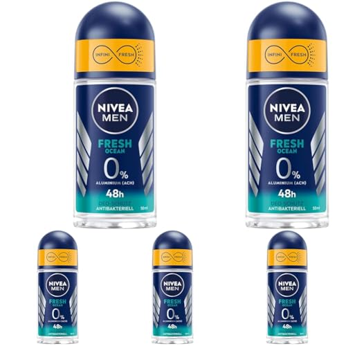 NIVEA MEN Fresh Ocean Deo Roll-On (50 ml), Deo ohne Aluminium (ACH) mit 48h Schutz, Deodorant mit einzigartiger INFINIFRESH Formel und NIVEA MEN Pflegekomplex (Packung mit 5) von Nivea Men