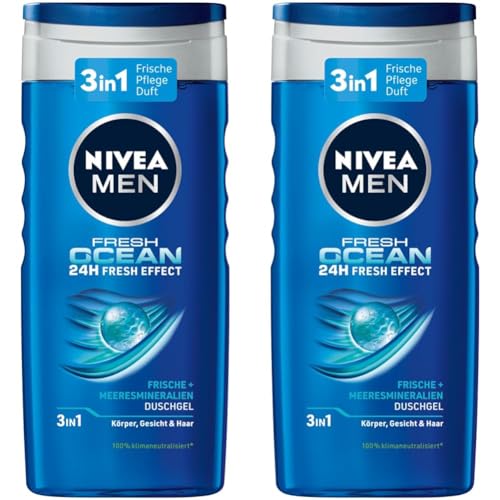 NIVEA MEN Fresh Ocean Duschgel (250 ml), revitalisierende Pflegedusche mit ozeanfrischem Duft, Männer Duschgel mit Meeresmineralien für Körper, Gesicht und Haar (Packung mit 2) von Nivea Men