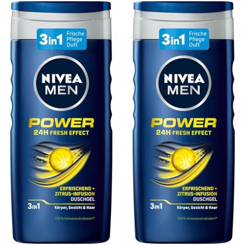 NIVEA MEN Power Duschgel (250 ml), pH-hautfreundliche Pflegedusche mit vitalisierendem Duft, kühlendes Duschgel für Männer mit Menthol für Körper, Gesicht und Haar (Packung mit 2) von Nivea Men