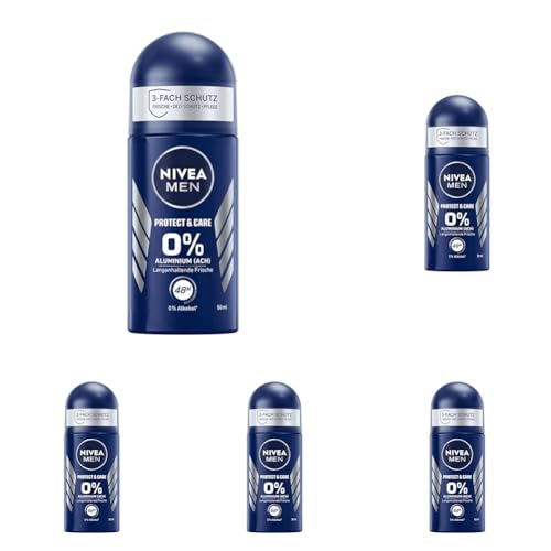 NIVEA MEN Protect & Care Deo Roll-On (50 ml), sanftes Deo ohne Aluminium (ACH) für ein langanhaltend frisches Hautgefühl, pflegendes Deodorant mit 48h Deo-Schutz (Packung mit 5) von Nivea Men