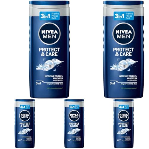 NIVEA MEN Protect & Care Duschgel (250 ml), pH-hautfreundliche Pflegedusche, Männer Duschgel mit natürlicher Aloe Vera für Körper, Gesicht und Haar (Packung mit 5) von Nivea Men