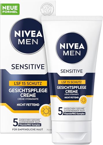 NIVEA MEN Sensitive Gesichtspflege Creme mit LSF 15, 24h Feuchtigkeitscreme für empfindliche Männerhaut, beruhigende Gesichtscreme zur Linderung von Hautirritationen (75 ml) von Nivea Men