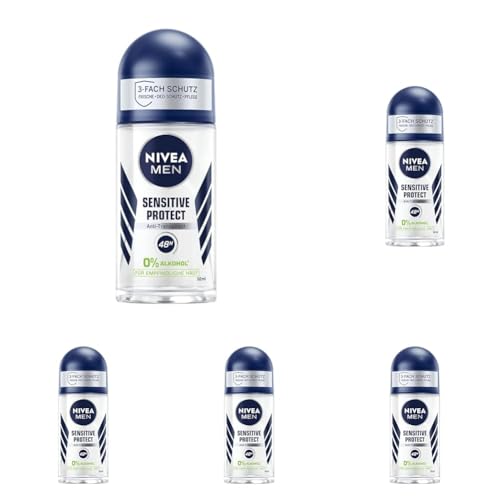 NIVEA MEN Sensitive Protect Deo Roll-On (50 ml), Antitranspirant für sensible Haut, Deodorant schützt 48h vor Achselnässe, ohne die Haut zu reizen (Packung mit 5) von Nivea Men