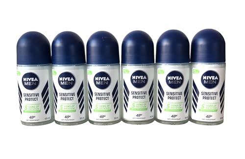 NIVEA MEN Sensitive Protect Deo Roll On im 6er Pack (6 x 50 ml), Antitranspirant Roller für sensible Haut, Deodorant mit 48h Schutz von Nivea Men