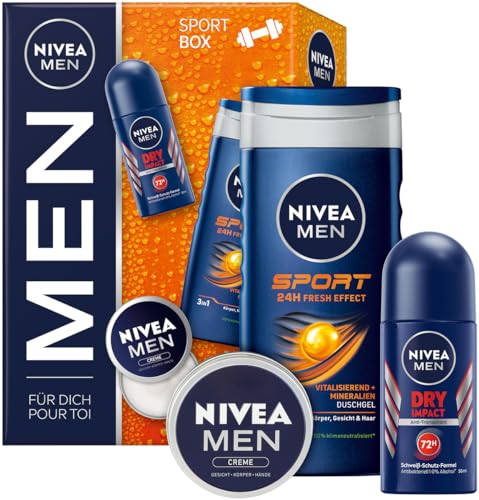 NIVEA MEN Sport Box Geschenkset, Pflegeset mit feuchtigkeitsspendenden Pflegeprodukten, Geschenkbox mit NIVEA MEN Creme, Sport Duschgel und Dry Impact Anti-Transpirant Deo Roll-on von Nivea Men