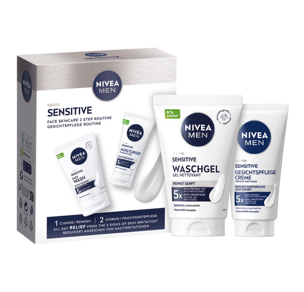 Nivea Men Gesichtspflege-Set Sensitive Gesichtspflege Set Waschgel 100 ml + Gesichtscreme 50 ml Set, 2-tlg., 5-facher Schutzeffekt vor Hautirritationen von Nivea Men