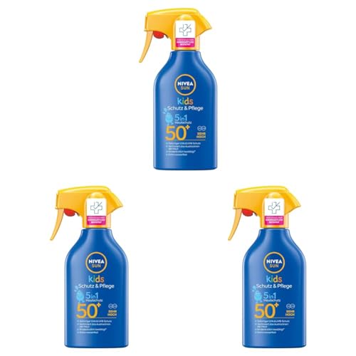 Nivea Men Kids Schutz & Pflege 5in1 Hautschutz LSF 50+ Sonnencreme (250 ml), hoher Sonnenschutz mit Bio-Mandelöl, extra wasserfestes Sonnenspray für empfindliche Haut (Packung mit 3) von Nivea Men