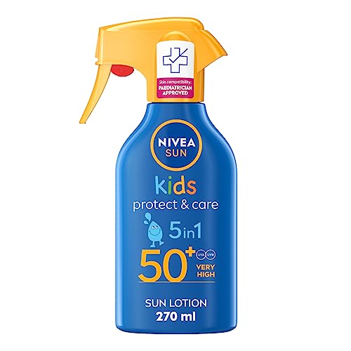 NIVEA SUN Kids Protect & Care LSF 50+ Trigger Spray (270 ml), wasserabweisendes Sonnenschutzspray, Sonnencreme für Kinder bietet sofortigen und effektiven UVA+UVB-Schutz von Nivea Sun
