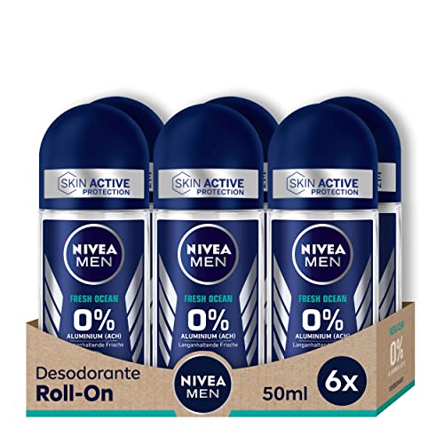 NIVEA MEN Fresh Ocean Deo Roll-On (6 x 50 ml), Deo ohne Aluminium (ACH) mit 48h Schutz vor Körpergeruch, erfrischender Duft Roll-On (Verpackung kann variieren) von Nivea