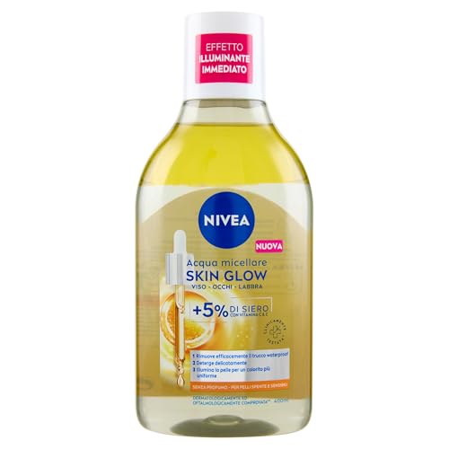 NIVEA Mizellenwasser Skin Glow 400 ml, Gesichts- und Augen-Make-up-Entferner mit 5% Serum + Aminoacid Complex Gesichtsreiniger, Augen- und Lippenreiniger ohne Ausspülen für stumpfe und empfindliche von NIVEA