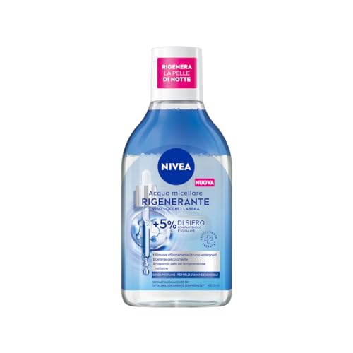 NIVEA Regenerierendes Mizellenwasser 400 ml, Gesichts- und Augen-Make-up-Entferner mit 5% Serum + Aminoacid Complex Reinigungsmittel für Gesicht, Augen und Lippen ohne Ausspülen für müde und von Nivea