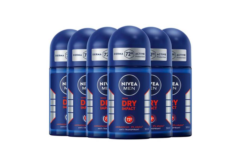 Nivea Men Deo-Roller Dry Impact Deo Roll-On, 6 x 50ml, Set, 6-tlg., Zuverlässiger 72h Anti-Transpirant-Schutz von Nivea Men