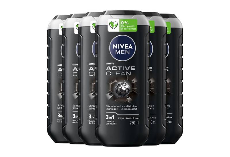 Nivea Men Duschgel Active Clean 6 x 250ml, 6-tlg., Mit Aktivkohle natürlichen Ursprungs von Nivea Men